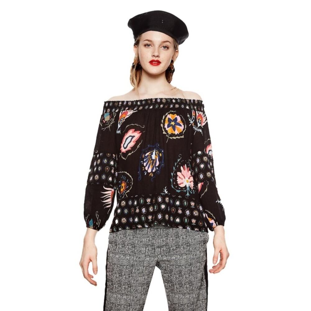 Desigual Black D Minor Floral Peasant Cold Shoulder Top Large